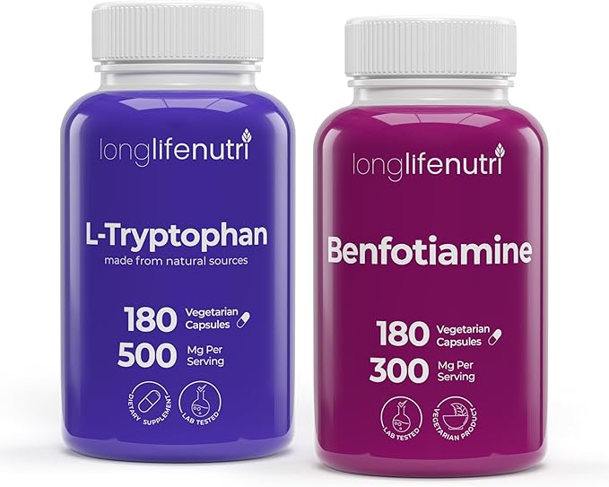 LongLifeNutri L-Tryptophan 500 mg &amp Benfotiamine 300 mg Bundle – 180 Veg Caps + 180 Veg Caps 6-Month Supply Evening Routine &amp Metabolic Balance Support Non-GMO Lab Tested Made in USA