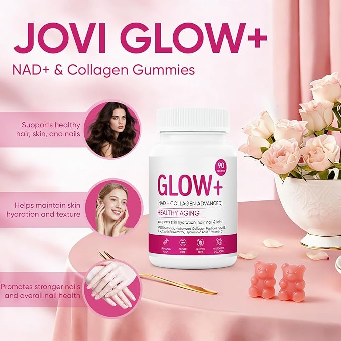 Jovi Glow+ NAD+ &amp Collagen Gummies Multi-Type Hydrolyzed Collagen Peptides Resveratrol Hyaluronicacid Vitaminc Supplement for Skin Hair Nails 90 Count (1 A)