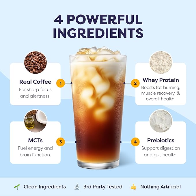 French Vanilla Protein Iced Coffee - Premium Whey Protein &amp Instant Iced Coffees - 100% Natural Cold Brew - Zero Artificial Flavors &amp Sweeteners 80 mg Caffeine No Added Sugar 20 Servings