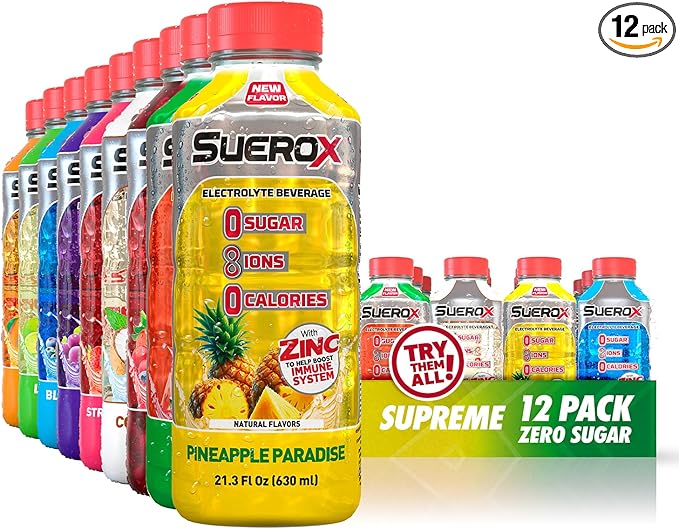 SueroX Sugar-Free Sports Drink for Hydration and Recovery Electrolyte Hydration Drink with 8 Ions Zero Calorie Sports Drinks with Electrolytes Supreme Pack 21.3 Fl Oz 12 Count