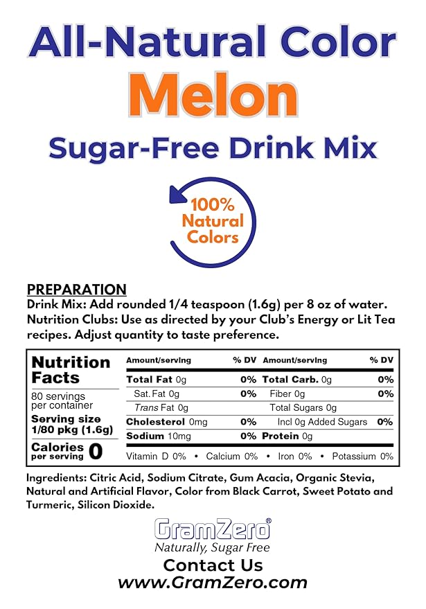 GramZero Melon Zero Calorie Sugar Free Drink Mix Great For Nutrition Club Loaded Tea Stevia Sweetened