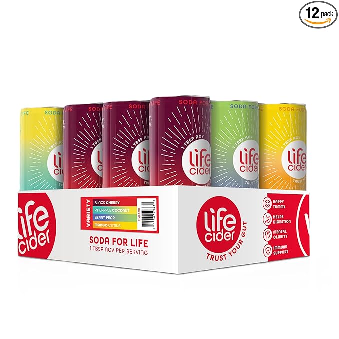 Life Cider Variety Pack Apple Cider Vinegar Soda 4 Flavors 12 Pack Organic Sparkling AVC Drink Natural Flavors Promotes Gut Health Vitamins C B12 Zinc D3