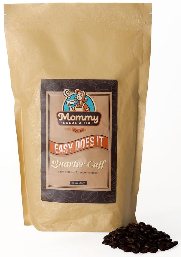 Mommy Needs A Fix Quarter Caff Whole Bean Coffee | 100% All Natural Arabica Beans | Medium Roast | Chemical Free Swiss Water Process | Pregnancy &amp Breastfeeding Friendly | Roasted in the USA | 1 l