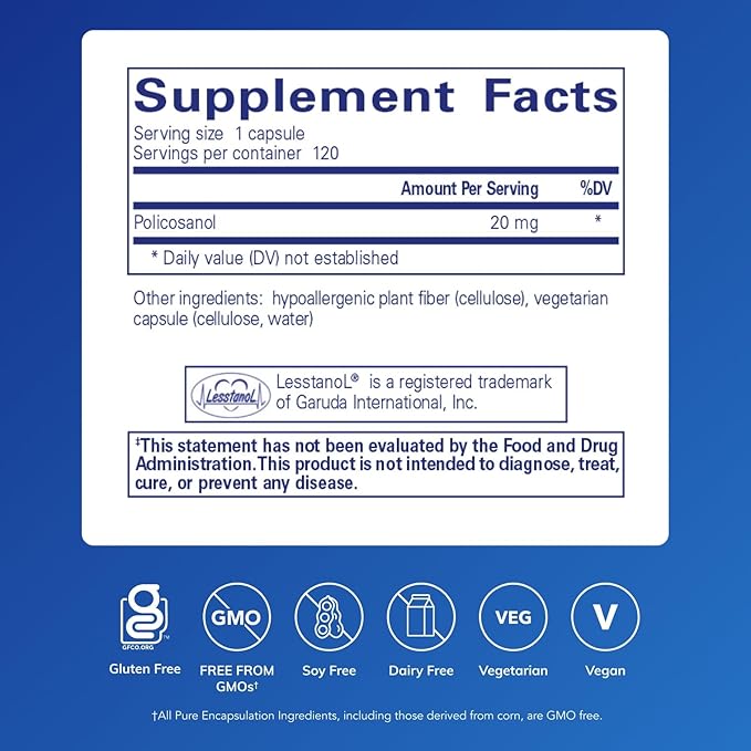 Pure Encapsulations Policosanol 20 mg | Hypoallergenic Supplement Supports Healthy Lipid Metabolism and Cardiovascular Function | 120 Capsules