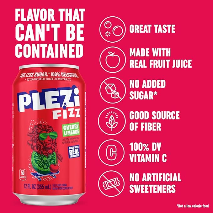 PLEZi FiZZ Cherry Limeade &amp Tropical Punch Hydration Drink Bundle – Sparkling Juice &amp Electrolyte Beverage with Real Fruit Juice No Added Sugar Low Sugar – 12 Fl Oz + 16.9 Fl Oz (24 Pack Tot