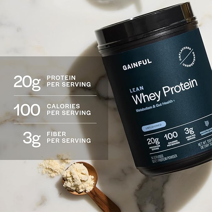 Gainful Lean Whey Protein Powder with 20g Protein per Serving Unflavored Supports Lean Muscle Metabolism and Satiety with Green Tea Extract Digestive Enzymes Organic Fiber 14 Servings