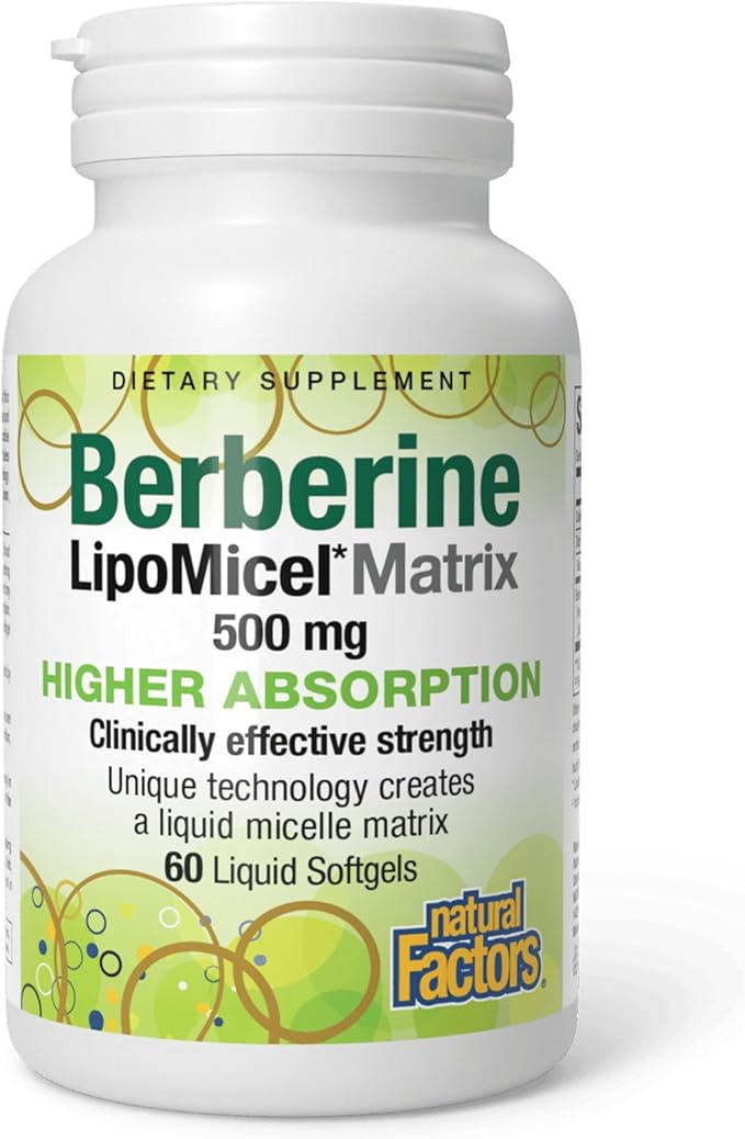 Natural Factors Berberine LipoMicel Matrix - Daily Supplement Supports Metabolic Health - Formula Supports General Health - Gluten-Free &amp Dairy-Free - 60 Liquid Softgels (60 Servings)