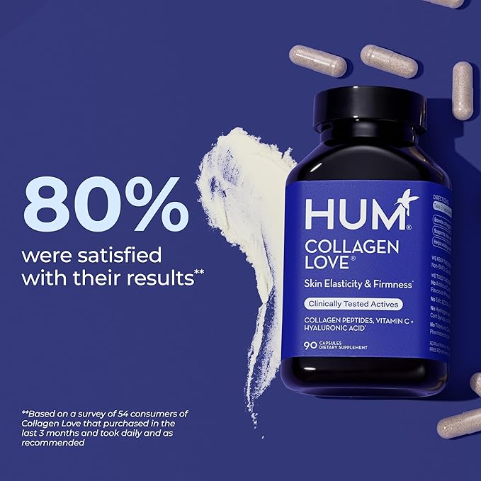 HUM Collagen Love Skin Supplement Collagen Peptides Capsules with Hyaluronic Acid &amp Vitamin C Supports Firm Skin &amp Helps Minimize Signs of Aging Supplements for Women and Men 90 Capsules