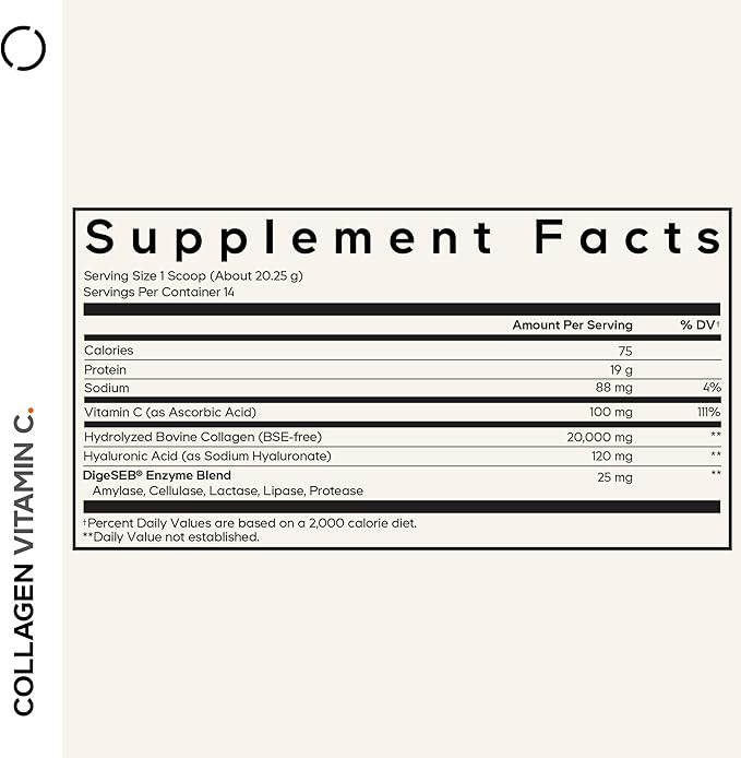 Codeage Collagen Peptides Powder + Vitamin C - 20g Grass-Fed Collagen Per Serving - Digestive Enzymes Hyaluronic Acid 18 Amino Acids - Hydrolyzed Collagen Protein - Non-GMO Unflavored - 9.98 oz