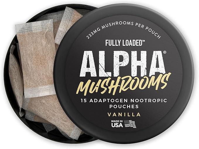 Fully Loaded Alpha Mushroom Pouches - Adaptogen Nootropic Pouches (5-Pack Vanilla) - Lion's Mane Cordyceps &amp Chaga - 5 cans 15 Pouches per can - Functional Mushrooms - Made in the USA