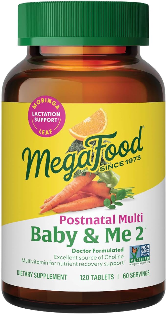 MegaFood Baby &amp Me 2 Postnatal Vitamins for Women Breastfeeding with Folate (Folic Acid Natural Form) Choline Iodine Vitamin D Moringa Leaf and More - 120 Tabs (60 Servings)
