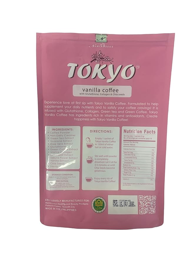20 Sachets Nami-roseus Tokyo Vanilla Coffee Mix with Glutathione Collagen &amp Chia Seeds
