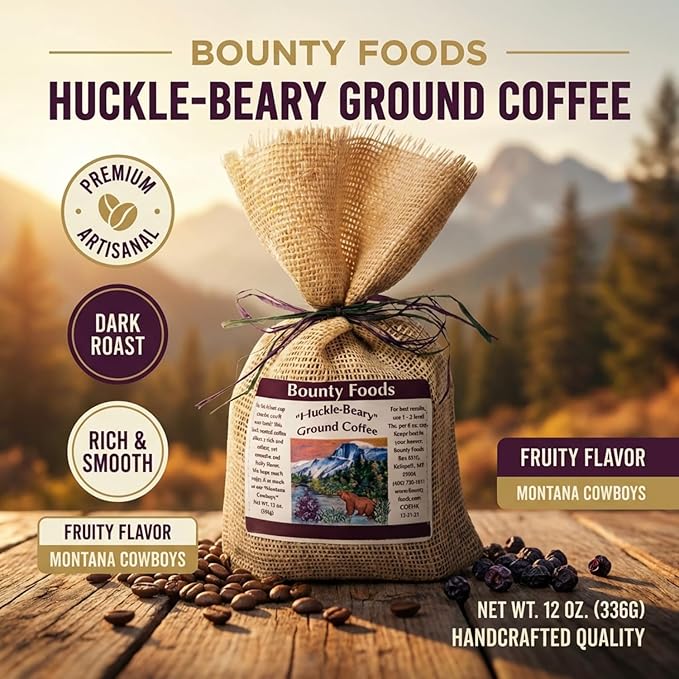 Montana Huckleberry Dessert Ground Coffee - 12 oz Rustic Western Style Burlap Bag from Bounty Foods All Natural Enjoy this Brew as an American Breakfast Essential (HKCof)