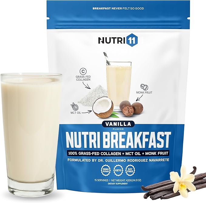 Nutri11 NutriBreakfast by Nutrillermo/Keto Protein Collagen Powder with MCT Oil/MCT Oil Powder with Collagen/Keto Collagen Peptides Powder with Grass-Fed Bovine Collagen Type I &amp III (15.9 Vanill