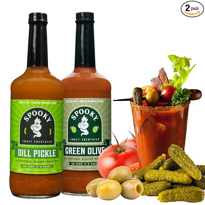 SPOOKY - Bloody Mary Mix Variety Pack - Featuring Dill Pickle &amp Green Olive - No Artificial Color or Flavor - No Preservative Low Carb Low Calorie &amp Gluten Free - 32 Oz (Pack of 2)
