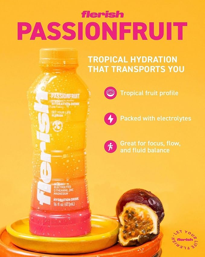 FLERISH Enhanced Hydration Drink Passionfruit Flavor - Watermelon Based Electrolytes with L-Theanine &amp Magnesium - 16 fl oz (Pack of 12)