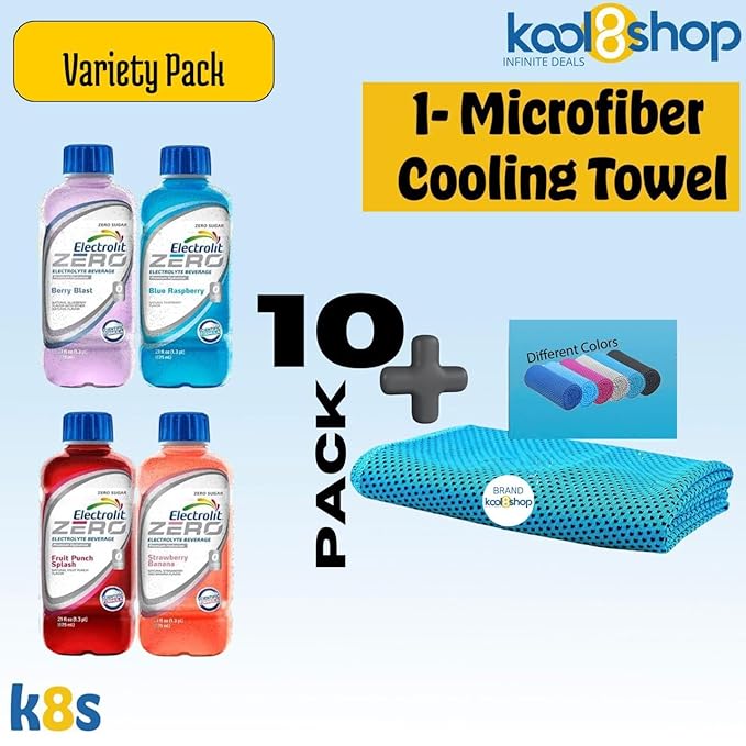 Electrolit Zero Variety Pack Hydration Drink with Electrolytes 21 fl oz Plastic Bottle 10 Pack + 1 Microfiber Cooling Towel by KOOL8SHOP Infinite Deals