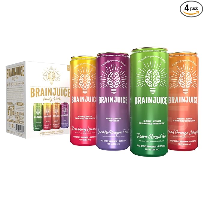BrainJuice Variety Pack Daily Brain Supplement Drink with Vitamins Amino Acids &amp Natural Green Tea | Sugar-Free Vegan Gluten-Free Non-GMO 12 fl oz (4-Pack)