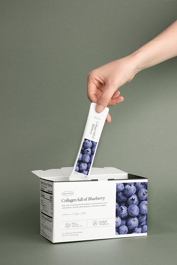 Korean Collagen Jelly Sticks - 25 Blueberry Flavored Marine Collagen Peptide Snacks for Anti-Aging- Collagen Protein Sugar-Free Travel Packs for Hair &amp Nail Strength