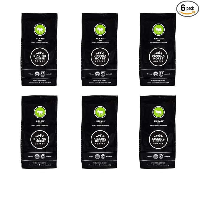 Kicking Horse Coffee Kick Ass Dark Roast Whole Bean 10 oz - Certified Organic Fairtrade Kosher Coffee (Pack of 6)10 Ounce (Pack of 6)