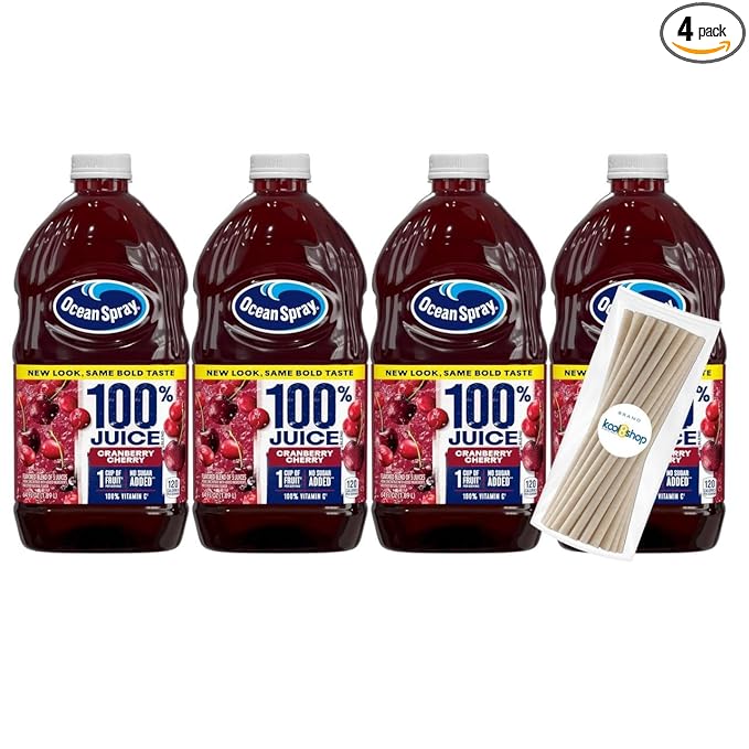 Ocean Spray 100% Cranberry Cherry Fruit Juice No Added Sugar 64 fl oz 4 Pack + 15 Sugarcane Disposable Straws by KOOL8SHOP Infinite Deals