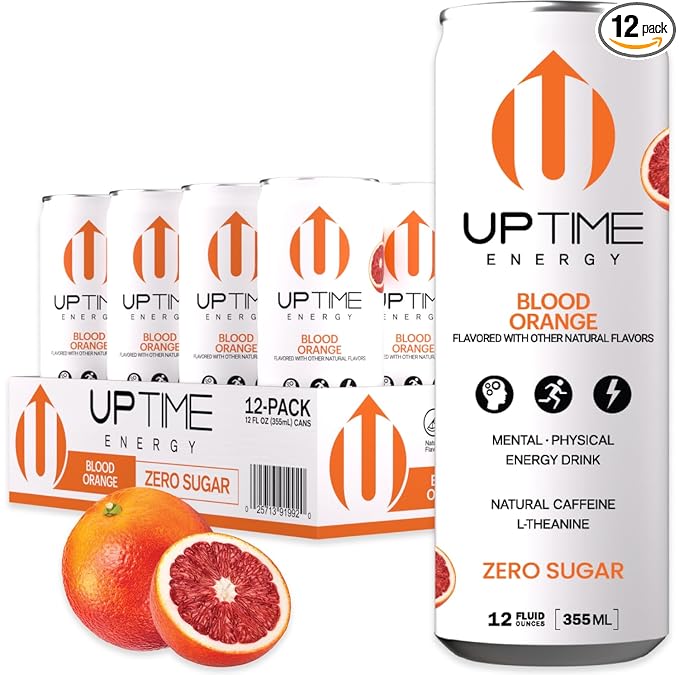 UPTIME Energy Drink Blood Orange Sparkling 12 Pack Vitamin C L Theanine Calcium Sugar Free Energy Drinks for Focus Support 142mg of Natural Caffeine 0 Calories Clean Natural 12 fl oz Cans