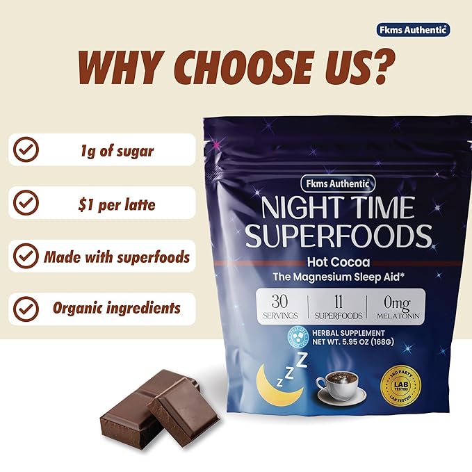 FKMS Authentic Nighttime Magnesium Hot Cocoa Calming Melatonin-Free Sleep Support Natural Sleep Aid Drink Mix for men &amp Woman - Hot Chocolate Powder with L-Theanine Chamomile and Zinc Magnesiu