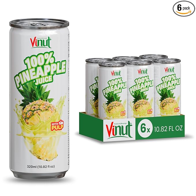 VINUT 100% Pineapple Juice with Real Pulp Vitamin C Rich No Added Sugar Not From Concentrate Gluten Free &amp Non-GMO Drink 100% Vegan/Plant-Based 10.82 fl oz Cans (Pack of 6)