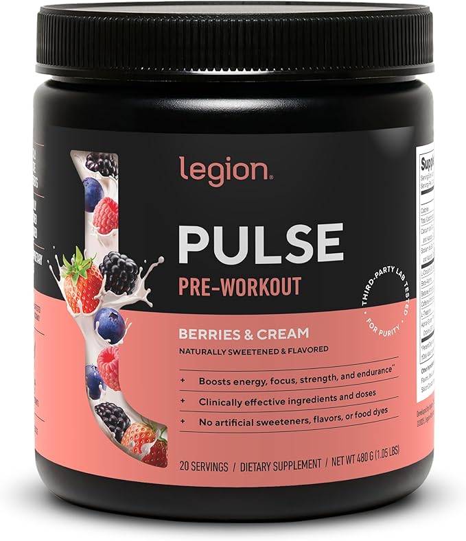 LEGION Pulse - All Natural Nitric Oxide Preworkout Drink to Boost Energy Creatine Free Naturally Sweetened Beta Alanine Citrulline Alpha GPC (Berries and Cream)