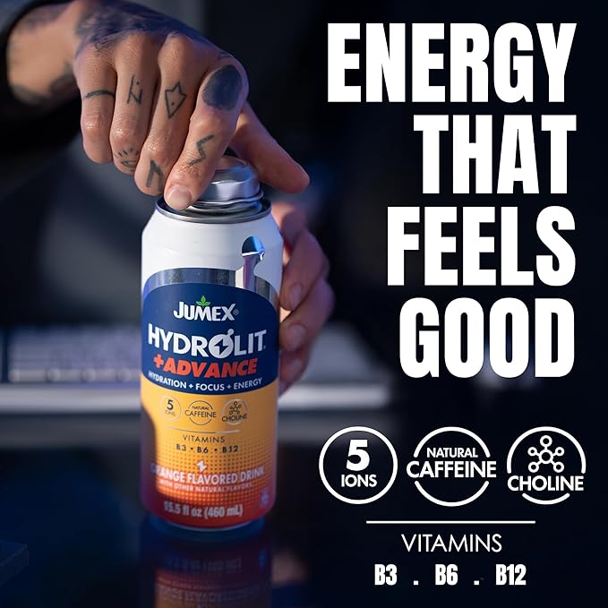 Jumex Hydrolit +Advance Hydration Energy Drinks - 90 Calorie Orange Sports Drinks - Non Carbonated Electrolyte &amp Vitamin Water with Ions Choline B3 B6 B12 &amp Natural Caffeine - 15.5oz 12 P