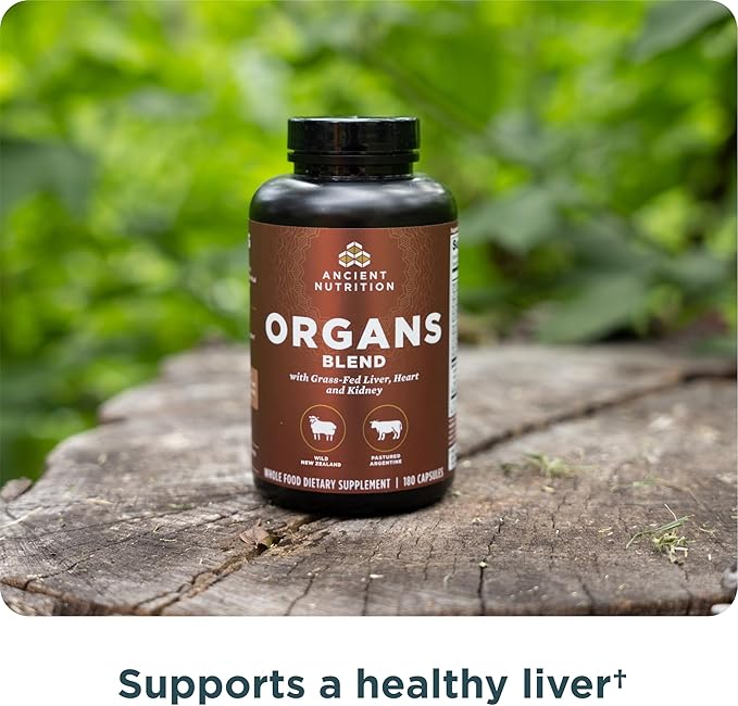 Ancient Nutrition Organ Supplements Grass-Fed and Wild Organ Complex Capsules Liver Heart Kidney Supports Organ Cognitive and Immune System Health 180 Ct