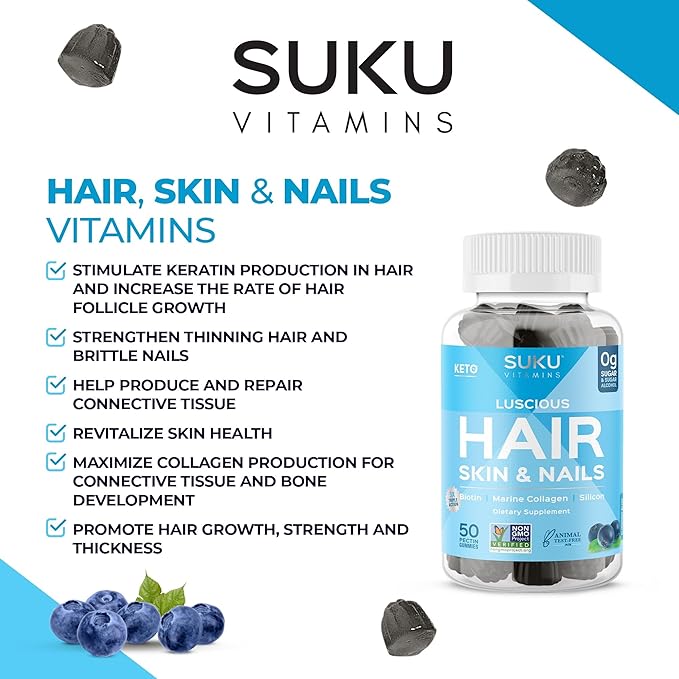 SUKU Vitamins - Luscious Hair - Silicon Biotin and Hydrolyzed Marine Collagen Gummies for Skin Hair &amp Nails - Easy to Chew - Non GMO Gluten Sugar Free - Blueberry Flavored Gummy Vitamins - 50 Co