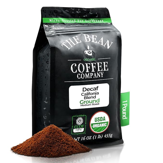 The Bean Organic Coffee Company Water Processed DECAF California Blend Medium Roast Ground Coffee 16-Ounce Bag Café Molido Tostado Orgánico descafeinado