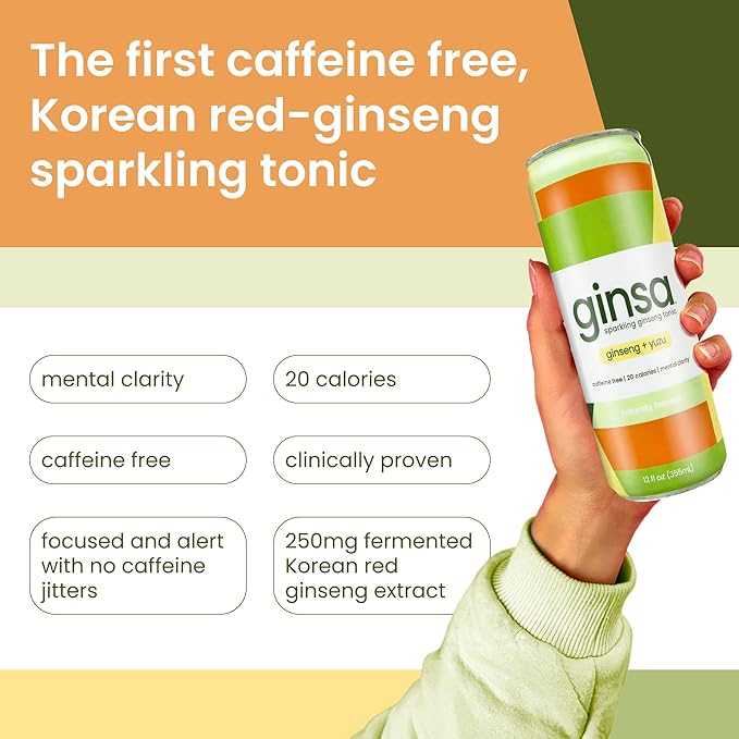 ginsa Sparkling Ginseng Energy Drink with Korean Red Ginseng | Natural Energy Booster | Non-GMO Supports Focus &amp Clarity with Pure Ginseng Root No Caffeine | 12 Pack | 12oz | Ginseng + Yuzu Flav