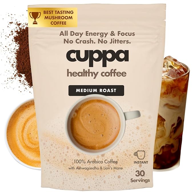 Cuppa Medium Roast Mushroom Coffee with Adaptogens &amp Superfoods - Lion’s Mane Ashwagandha &amp Cordyceps. Adaptogens + MCT to support natural energy mental focus &amp gut health (30 Servings)