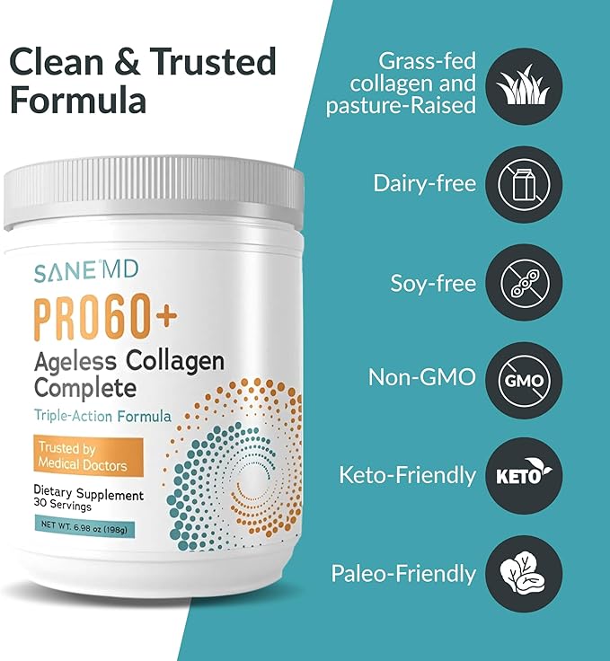 Sane MD PRO60+ Collagen Peptides Powder - Multi-Collagen Types I II III V &amp X with Biotin Vitamin C &amp Hyaluronic Acid Grass-Fed Unflavored Daily Support 60+