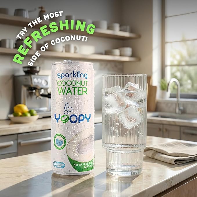 Yoopy Sparkling Coconut Water – Lightly Carbonated Tropical Drink No Sugar Added Healthy Soda Alternative Refreshing Non Alcoholic Beverage - 12 pack (8.45 fl oz cans)