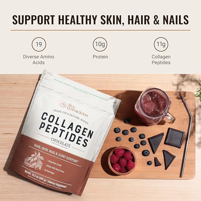 Live Conscious Collagen Peptides Powder - Chocolate Collagen Powder - Hair Skin Nail and Joint Support - Type I &amp III Grass-Fed Collagen Supplements for Women and Men (2-Pack)