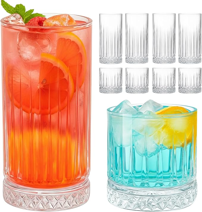Ruckae Drinking Glasses Set of 815 oz and 7 oz Kitchen Water Glass Cups SetClear Ribbed Glassware Dishwasher SafeMixed Drinkware for BeerJuiceCocktailWhiskeyMilk and Various Mixed Drinks