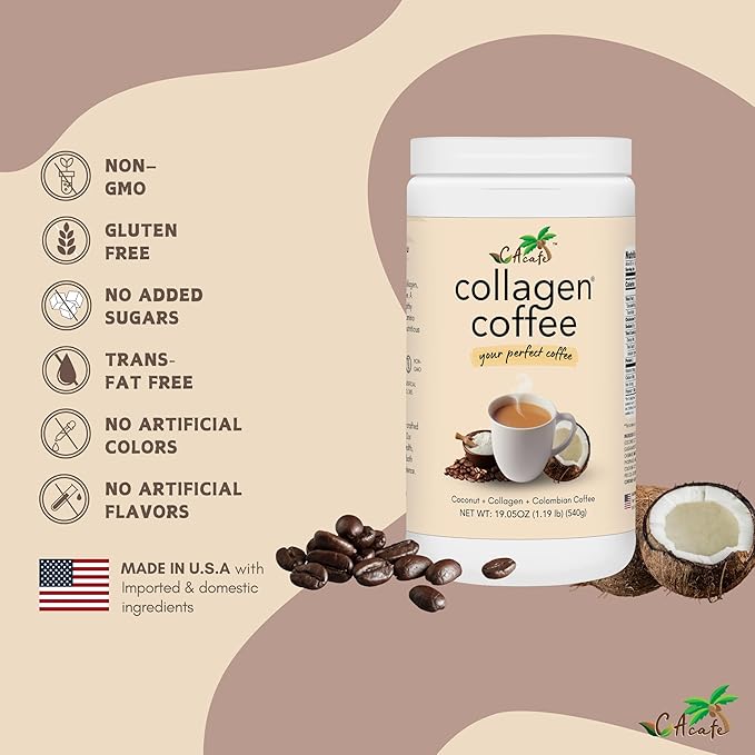 CAcafe Collagen Coffee | Coconut Infused Colombian Blend Coffee with Anti-Aging Collagen | Antioxidants &amp Natural Energy | 19.05oz