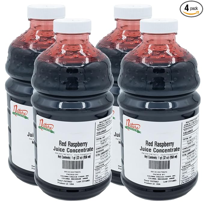 Nature Blessed 100% Red Raspberry Fruit Juice Concentrate - 4 Quarts (4/32 fl oz bottles) Great for Home Vintners Home Brewers Flavoring Cider Smoothies or Making Jelly