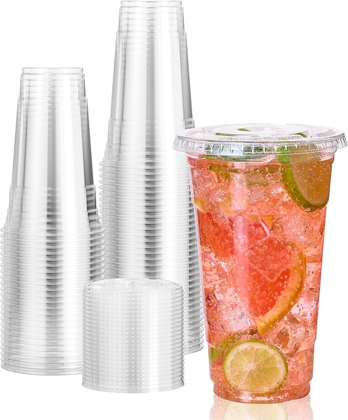 Vplus 140 Pack 24 OZ PET Clear Plastic Cups with Lids 24 OZ Crystal Cold Disposable Drinking Plastic Cups with Flat Lids Perfect for Ice Coffee Smoothie Juice