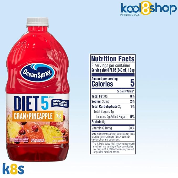 Ocean Spray Diet Cran Pineapple Juice Drink 64 fl oz Plastic Bottle 4 Pack + 15 Sugarcane Disposable Straws by KOOL8SHOP Infinite Deals