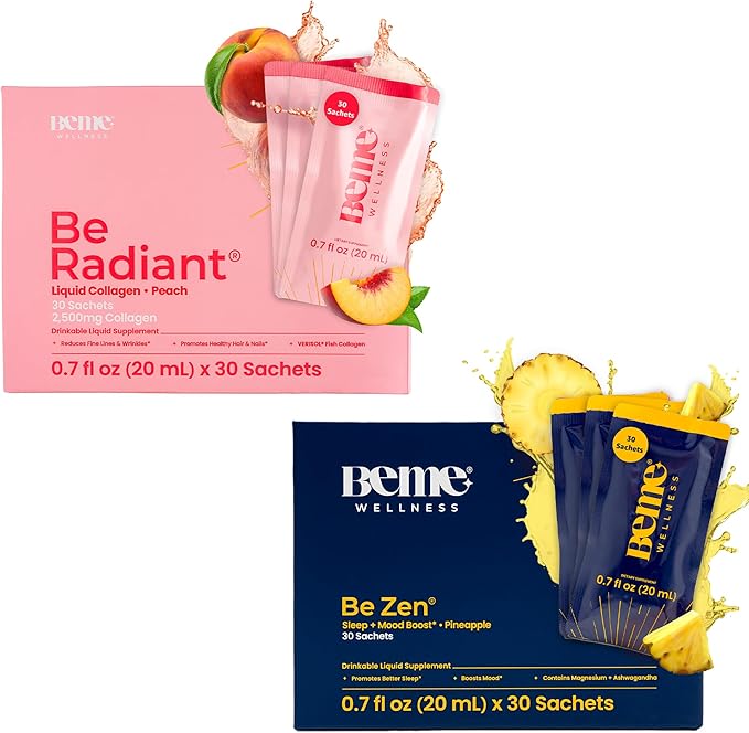 BeMe BeRadiant Peach &amp BeZen Bundle - Liquid Collagen &amp Magnesium Glycinate L-Theanine Supplements