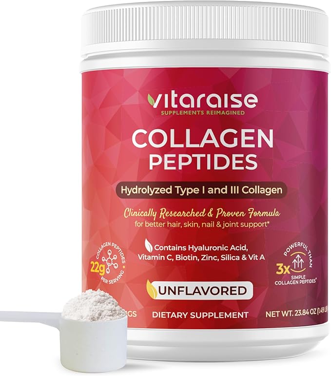 Hydrolyzed Collagen Powder - Type I &amp III Grass Fed Naturally 3X Powerful Collagen Peptides Powder for Women &amp Men - Hair Skin Nail Joints - Unflavored Gluten Free 22g per 30 Serving - 1.