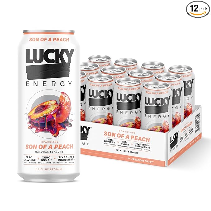Lucky Energy Sugar Free Energy Drinks Son of a Peach 16oz Cans (12-Pack) Healthy Zero Sugar Energy Drink with Maca Ginseng Beta-Alanine Taurine &amp 200mg Caffeine