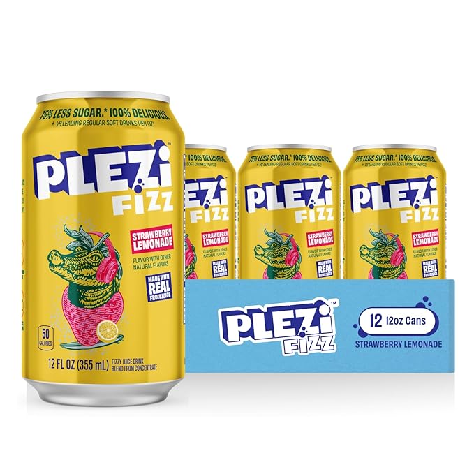 PLEZi FiZZ Strawberry Lemonade &amp Orange Mango Hydration Drink Bundle – Sparkling Juice &amp Electrolyte Beverage with Real Fruit Juice No Added Sugar Low Sugar – 12 Fl Oz + 16.9 Fl Oz (24 Pack