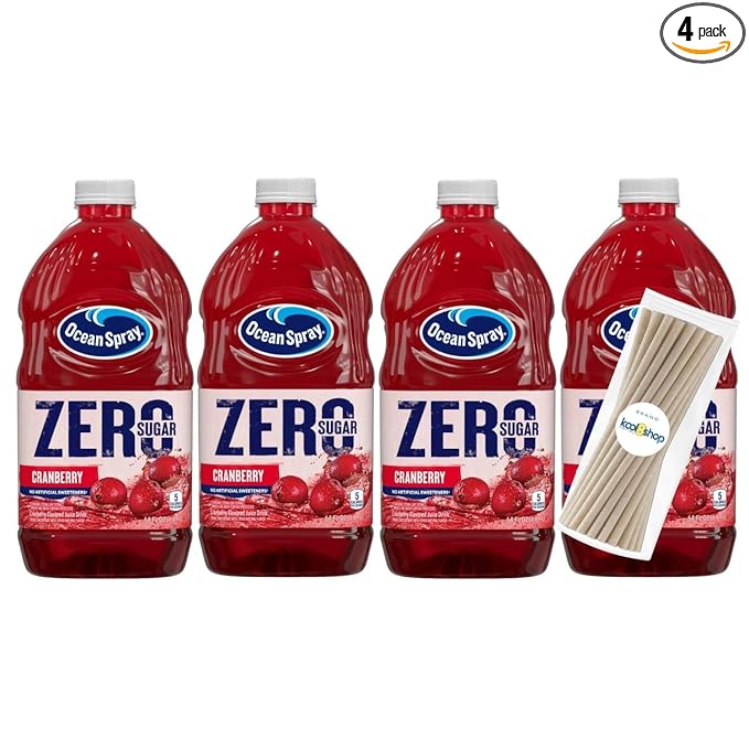Ocean Spray Zero Sugar Cranberry Fruit Juice Drink 64 fl oz 4 Pack + 15 Sugarcane Disposable Straws by KOOL8SHOP Infinite Deals