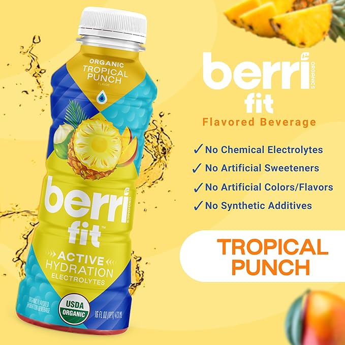 Berri Fit Hydration - Organic Tropical Fruit Flavor Natural Sports Drink - Plant-Based Electrolyte Beverage – Low Calorie Paleo Coconut Water Solution 16oz 12ct…