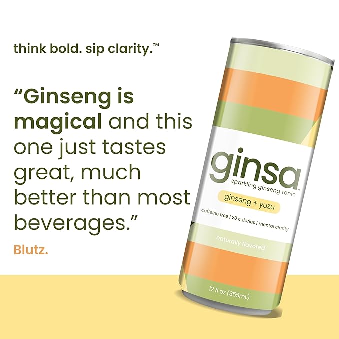 ginsa Sparkling Ginseng Energy Drink with Korean Red Ginseng | Natural Energy Booster | Non-GMO Supports Focus &amp Clarity with Pure Ginseng Root No Caffeine | 12 Pack | 12oz | Ginseng + Yuzu Flav